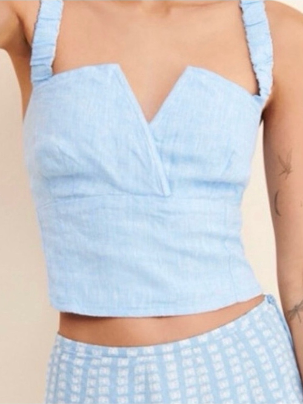 Anthropologie Sky Blue Linen-Blend V-Notch Crop Top